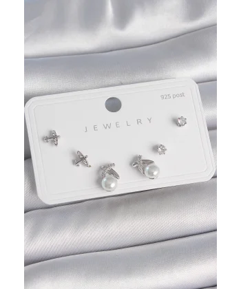 Pirinç Gümüş Renk Zirkon Taşlı Kelebek Model İnci Detay 925 Ayar Gümüş Çivi Kadın Küpe Seti