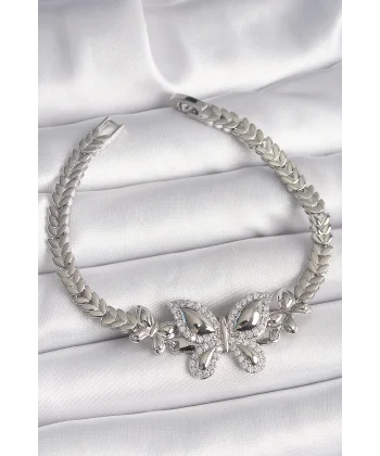 Pirinç Gümüş Renk Zirkon Taşlı Kelebek Model Kadın Bileklik