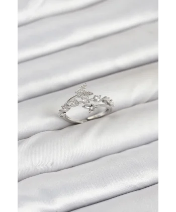 Pirinç Gümüş Renk Zirkon Taşlı Kelebek Model Kadın Yüzük