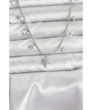 Pirinç Gümüş Renk Zirkon Taşlı Kutup Yıldızı Model Kadın Kolye