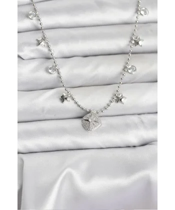 Pirinç Gümüş Renk Zirkon Taşlı Kutup Yıldızı Model Kadın Kolye
