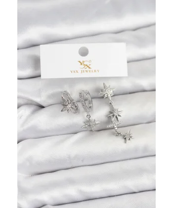 Pirinç Gümüş Renk Zirkon Taşlı Kutup Yıldızı Model YSX Trio Küpe Seti