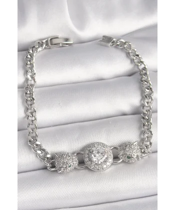 Pirinç Gümüş Renk Zirkon Taşlı Leopar Figür Zincir Model Kadın Bileklik