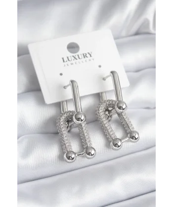 Pirinç Gümüş Renk Zirkon Taşlı Model VIP Seri Kadın Küpe