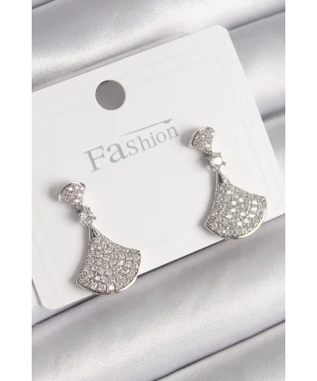 Pirinç Gümüş Renk Zirkon Taşlı Motif Model Kadın Küpe