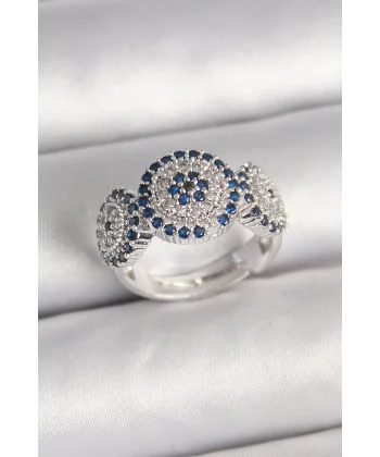 Pirinç Gümüş Renk Zirkon Taşlı Nazar Boncuk Model Ayarlanabilir Kadın Yüzük