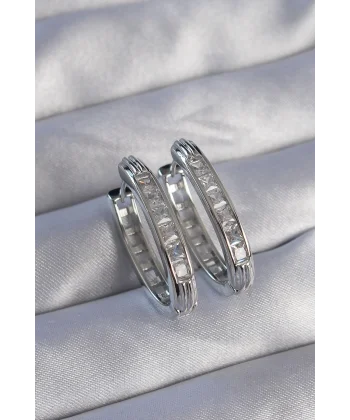 Pirinç Gümüş Renk Zirkon Taşlı Oval Model Küpe