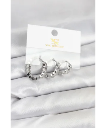 Pirinç Gümüş Renk Zirkon Taşlı Petek Halka Model YSX Trio Küpe Seti