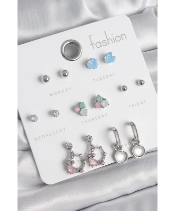 Pirinç Gümüş Renk Zirkon Taşlı Sallantı Halka Model Çiçek Detay 7 Çift Kadın Küpe Seti