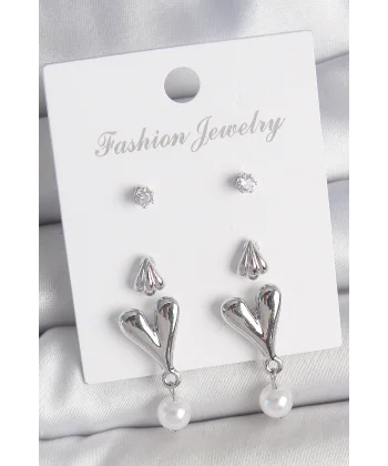 Pirinç Gümüş Renk Zirkon Taşlı Sallantılı Kalp Model 3 Çift Kadın Küpe Seti