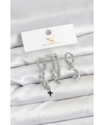 Pirinç Gümüş Renk Zirkon Taşlı Uzay Model YSX Trio Küpe Seti