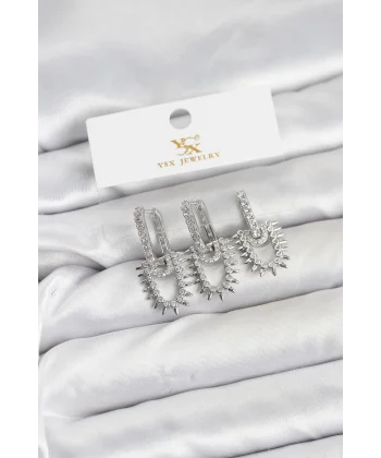 Pirinç Gümüş Renk Zirkon Taşlı Vintage Model YSX Trio Küpe Seti