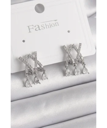 Pirinç Gümüş Renk Zirkon Taşlı X Model Sallantı Detay Kadın Küpe