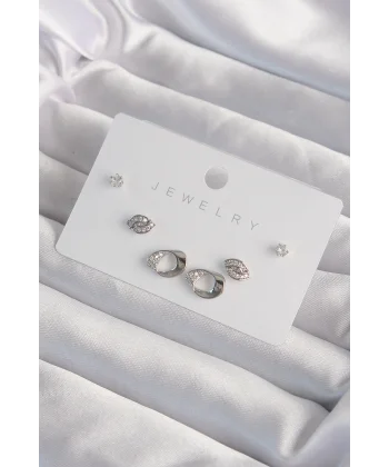 Pirinç Gümüş Renk Zirkon Taşlı Yaprak Model Küpe Seti