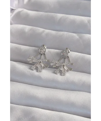 Pirinç Gümüş Renk Zirkon Taşlı Yassı Fiyonk Model Küpe