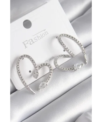 Pirinç Gümüş Renk Zirkon Taşlı Yılan Kalp Model Kadın Küpe