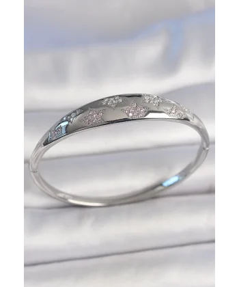 Pirinç Gümüş Renk Zirkon Taşlı Yıldız İşlemeli Kadın Kelepçe