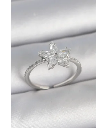 Pirinç Gümüş Renk Zirkon Taşlı Yıldız Model Ayarlanabilir Kadın Yüzük