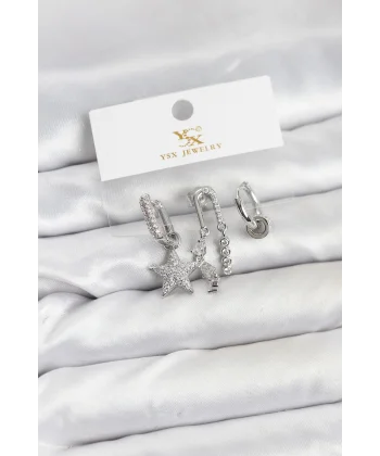 Pirinç Gümüş Renk Zirkon Taşlı Yıldız Vintage Model YSX Trio Küpe Seti