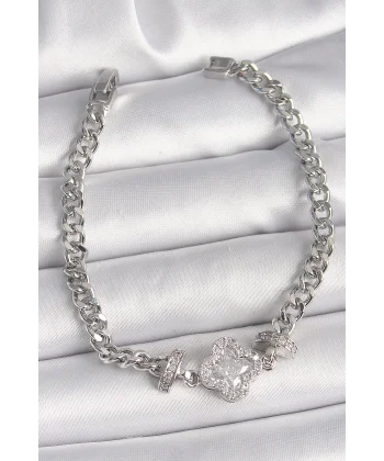 Pirinç Gümüş Renk Zirkon Taşlı Yonca Figür Zincir Model Kadın Bileklik