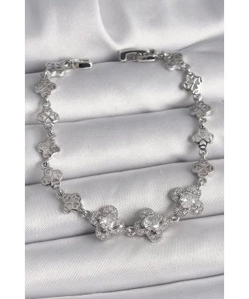 Pirinç Gümüş Renk Zirkon Taşlı Yonca Model Kadın Bileklik