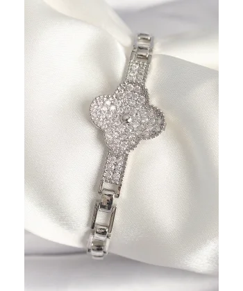 Pirinç Gümüş Renk Zirkon Taşlı Yonca Model Kadın Bileklik