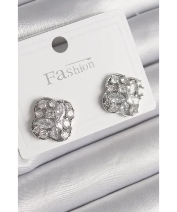 Pirinç Gümüş Renk Zirkon Taşlı Yonca Model Kadın Küpe