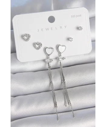 Pirinç Gümüş Sallantı Beyaz Mineli Kalp Model Zirkon Taşlı Kalp Detay 925 Ayar Gümüş Çivi Kadın Küpe Seti