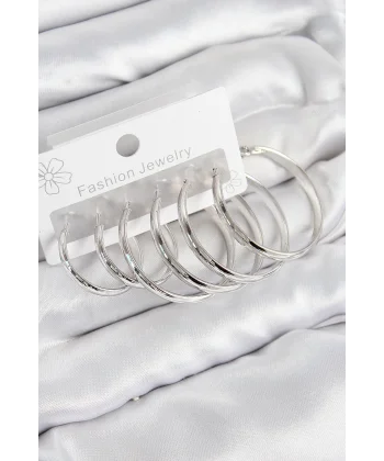 Pirinç Halka Model Gümüş Renk Kadın Set Küpe