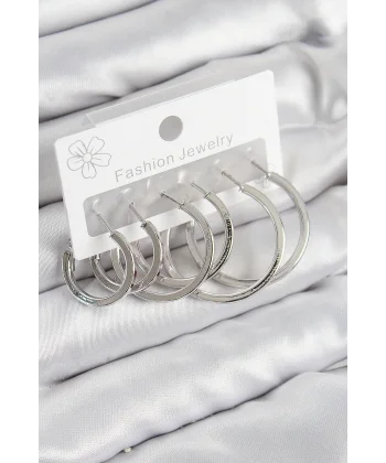 Pirinç Halka Model Gümüş Renk Kadın Set Küpe