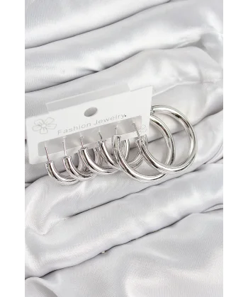 Pirinç Halka Model Gümüş Renk Kadın Set Küpe