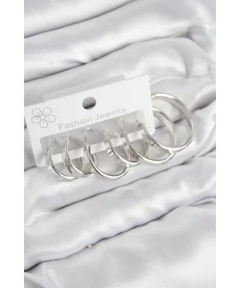 Pirinç Halka Model Gümüş Renk Kadın Set Küpe