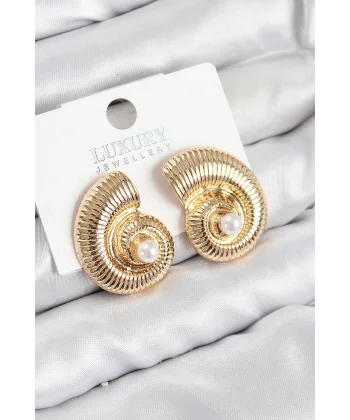 Pirinç İnci Detaylı Girdap Model Gold Renk Kadın Küpe