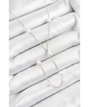 Pirinç İnci Figürlü Y Model Gümüş Renk Kadın Kolye