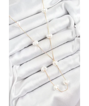 Pirinç İncili Kalp Figürlü Y Model Gold Renk Kadın Kolye