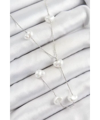 Pirinç İncili Kalp Figürlü Y Model Gümüş Renk Kadın Kolye