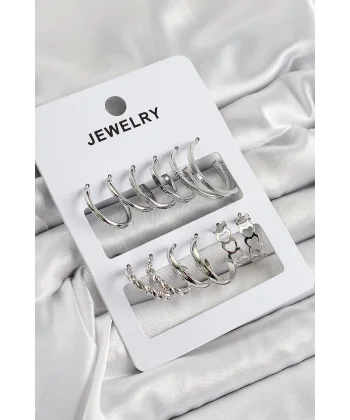Pirinç Karışık Halka Model Gümüş Renk 6 Çift Kadın Küpe Set