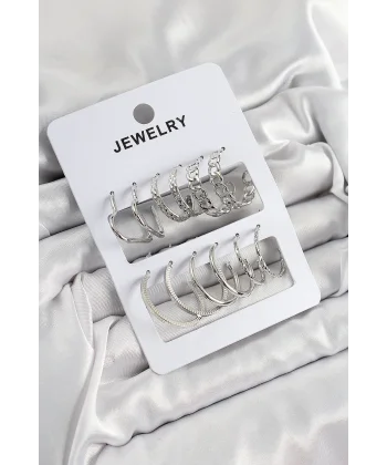Pirinç Karışık Halka Model Gümüş Renk 6 Çift Kadın Küpe Set