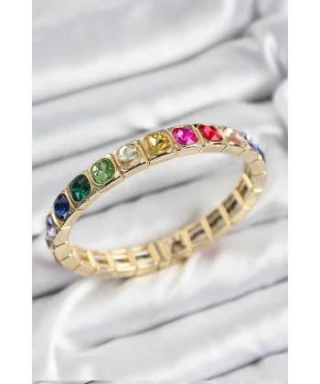 Pirinç Karışık Zirkon Taşlı Kare Model Gold Renk Lastikli Kadın Bileklik