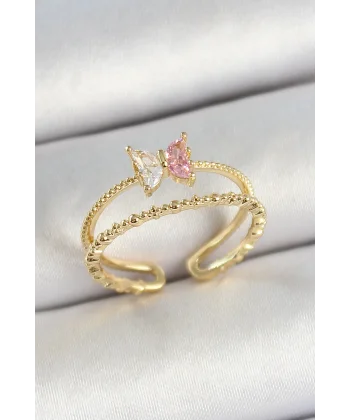 Pirinç Kelebek Figürlü Zirkon Taşlı Gold Renk Ayarlanabilir Kadın Yüzük