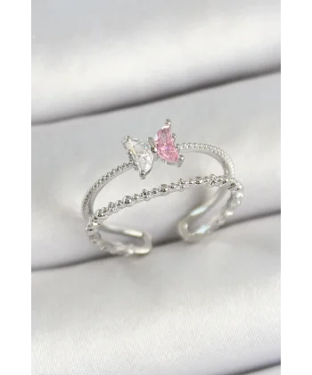 Pirinç Kelebek Figürlü Zirkon Taşlı Gümüş Renk Ayarlanabilir Kadın Yüzük