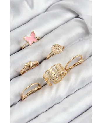 Pirinç Kelebek Ve Kalp Model Gold Renk Kadın Yüzük Kombin Set