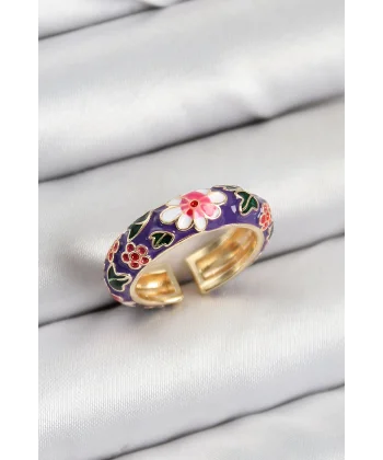 Pirinç Mor Mineli Çiçek Motifli Gold Renk Ayarlanabilir Kadın Yüzük