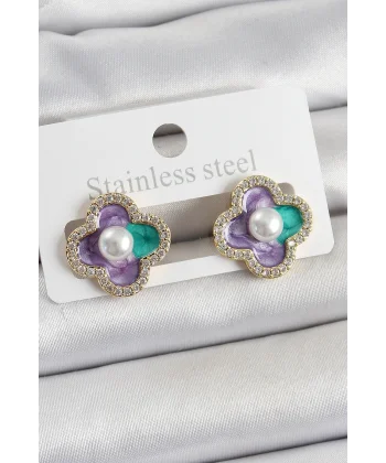 Pirinç Mor Mineli İnci Detaylı Zirkon Taşlı Sanatsal Portre Yonca Model Gold Renk Kadın Küpe