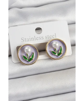 Pirinç Mor Mineli Lale Figürlü Sanatsal Portre Model Gold Renk Kadın Küpe