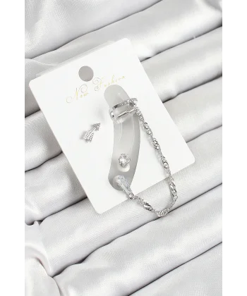 Pirinç Ok Figürlü Zirkon Taşlı Gümüş Renk 3lü Kıkırdak Kadın Küpe Set