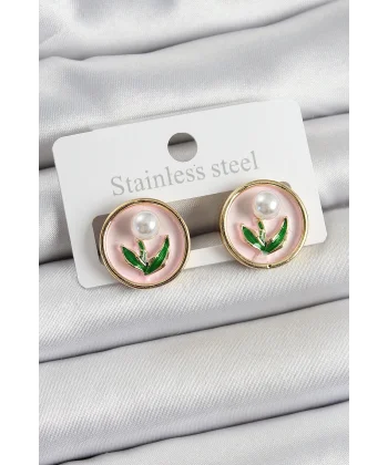 Pirinç Pembe Mineli Lale Figürlü Sanatsal Portre Model Gold Renk Kadın Küpe