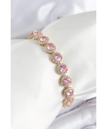 Pirinç Pembe Zirkon Taşlı Daire Baget Model Gold Renk VIP Seri Kadın Bileklik
