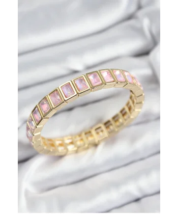 Pirinç Pembe Zirkon Taşlı Dikdörtgen Model Gold Renk Lastikli Kadın Bileklik