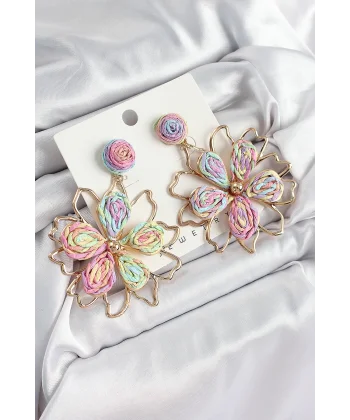 Pirinç Rainbow Çiçek Model Gold Renk Kadın Hasır Küpe